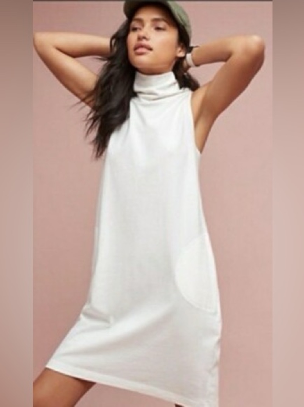 Akemi + Kin Anthropologie White Cowl Mock Neck Sleeveless Pocket Dress Sz Small